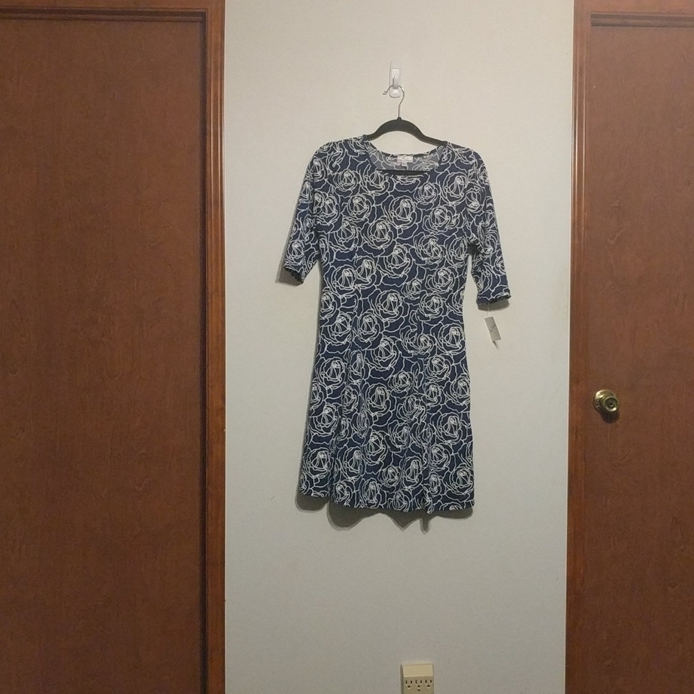 Olivia Matthews Blue White Roses Fit Flare Dress L